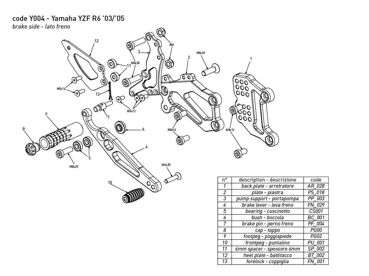 Bonamici Racing reguliuojamas kojelių komplektas – Yamaha YZF R6 2003–2005 – nuotrauka 2