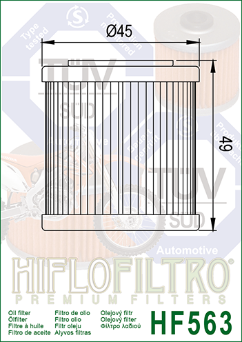 HifloFiltro HF563 alyvos filtro matmenų schema: skersmuo 45 mm, aukštis 49 mm