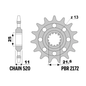 PBR priekinė plieninė žvaigždutė, 15 dantų, 520 žingsnio